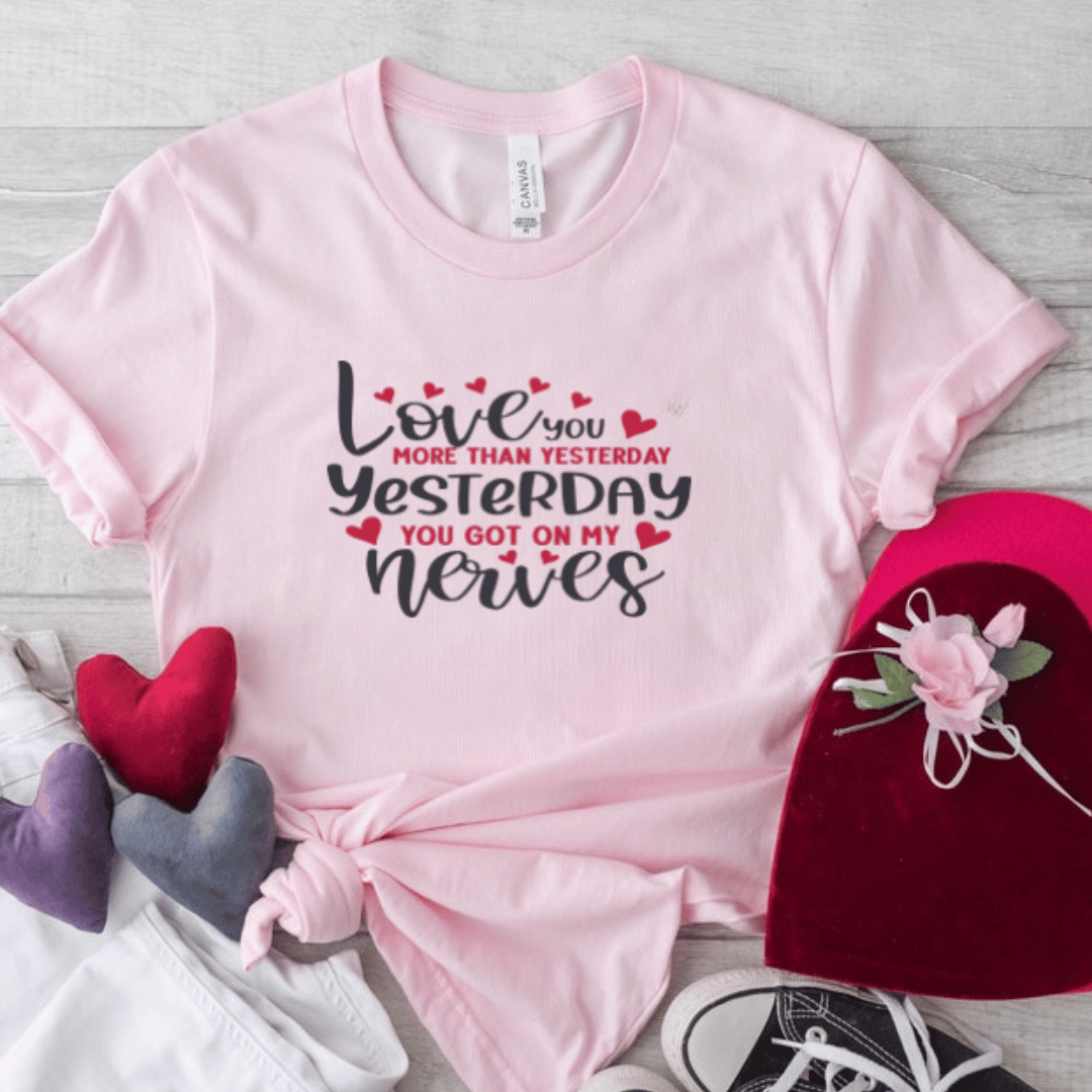 "Love & Nerves" Humorous Valentine's Tee 💘😅 2 Funny Valentines Tshirt Pink - Mamazing