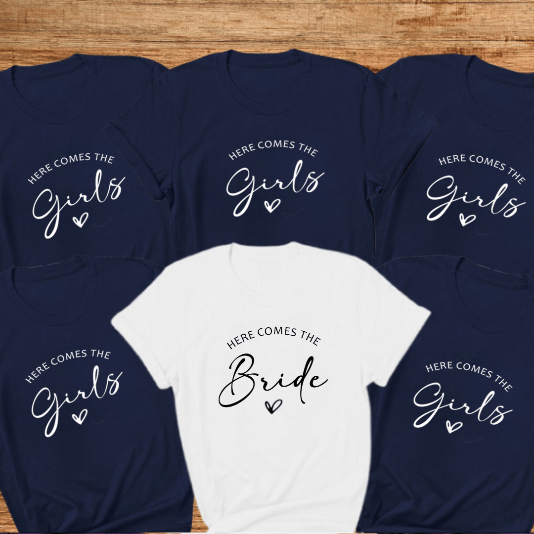 Here comes the Bride. Hen Party T-shirts - Navy 1 Here comes the Bride. Hen Party T-shirts - Navy- Mamazing