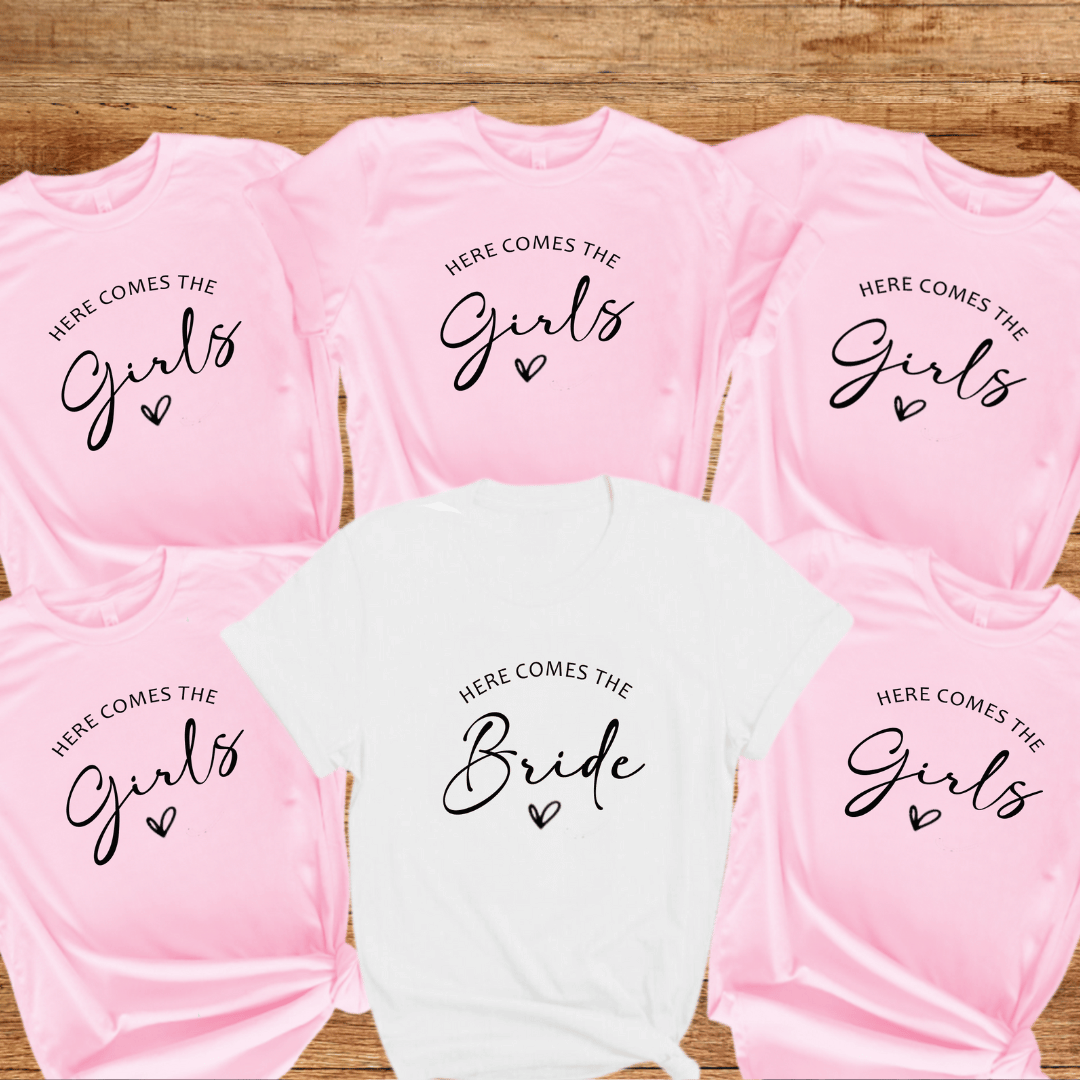 Here comes the Bride. Hen Party T-shirts - Pink 1 Here comes the Bride. Hen Party T-shirts - PINK - Mamazing